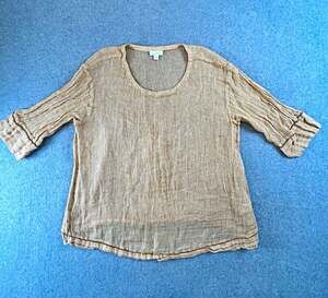 Pure Jill Linen Womens Beige Solid 100% Linen Scoop Neck Ruffle Blouse, Sz L